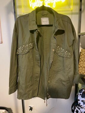 Olive Green Utility Jacket with Studded Flap Pockets